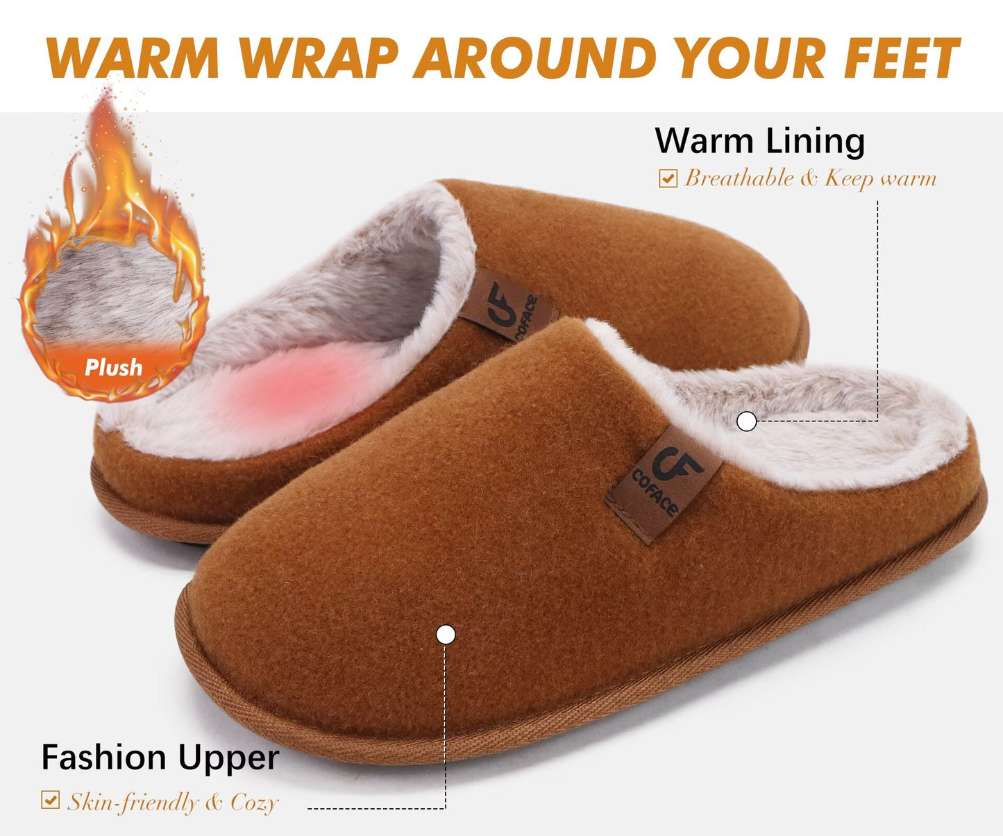 COFACE Womens Cozy Memory Foam Scuff Slippers Ladies Fuzzy Warm Slip On House Shoes With Arch Support, Indoor Outdoor Rubber Sole